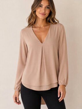 White House Black Market Blush Pink V-Neck Flowy Blouse Size 14 Long Sleeve Care